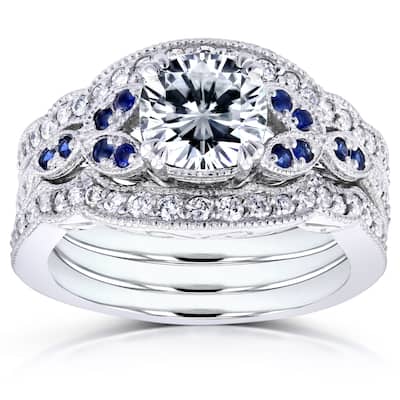 Annello by Kobelli 14k White Gold 1 3/4ct TGW Moissaanite (DEF) with Diamond and Sapphire 3-piece Bridal Set