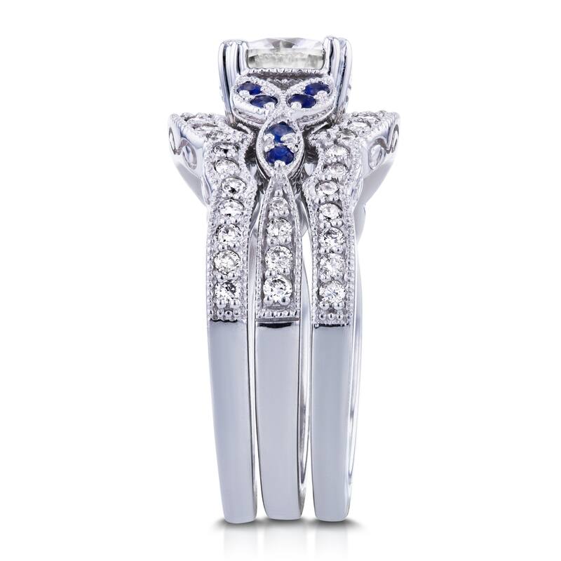 Annello by Kobelli 14k White Gold 1 3/4ct TGW Moissaanite (GH) with Diamond and Sapphire 3-piece Bridal Set
