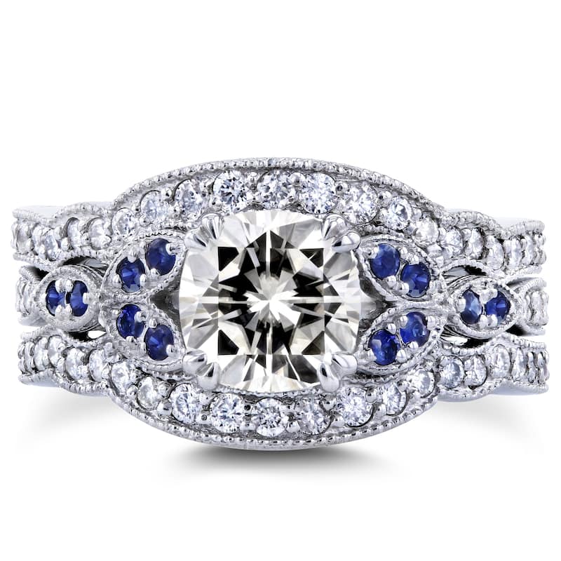 Annello by Kobelli 14k White Gold 1 3/4ct TGW Moissaanite (GH) with Diamond and Sapphire 3-piece Bridal Set