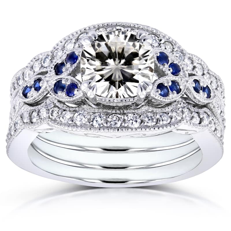 Annello by Kobelli 14k White Gold 1 3/4ct TGW Moissaanite (GH) with Diamond and Sapphire 3-piece Bridal Set