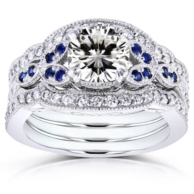 Annello by Kobelli 14k White Gold 1 3/4ct TGW Moissaanite (GH) with Diamond and Sapphire 3-piece Bridal Set