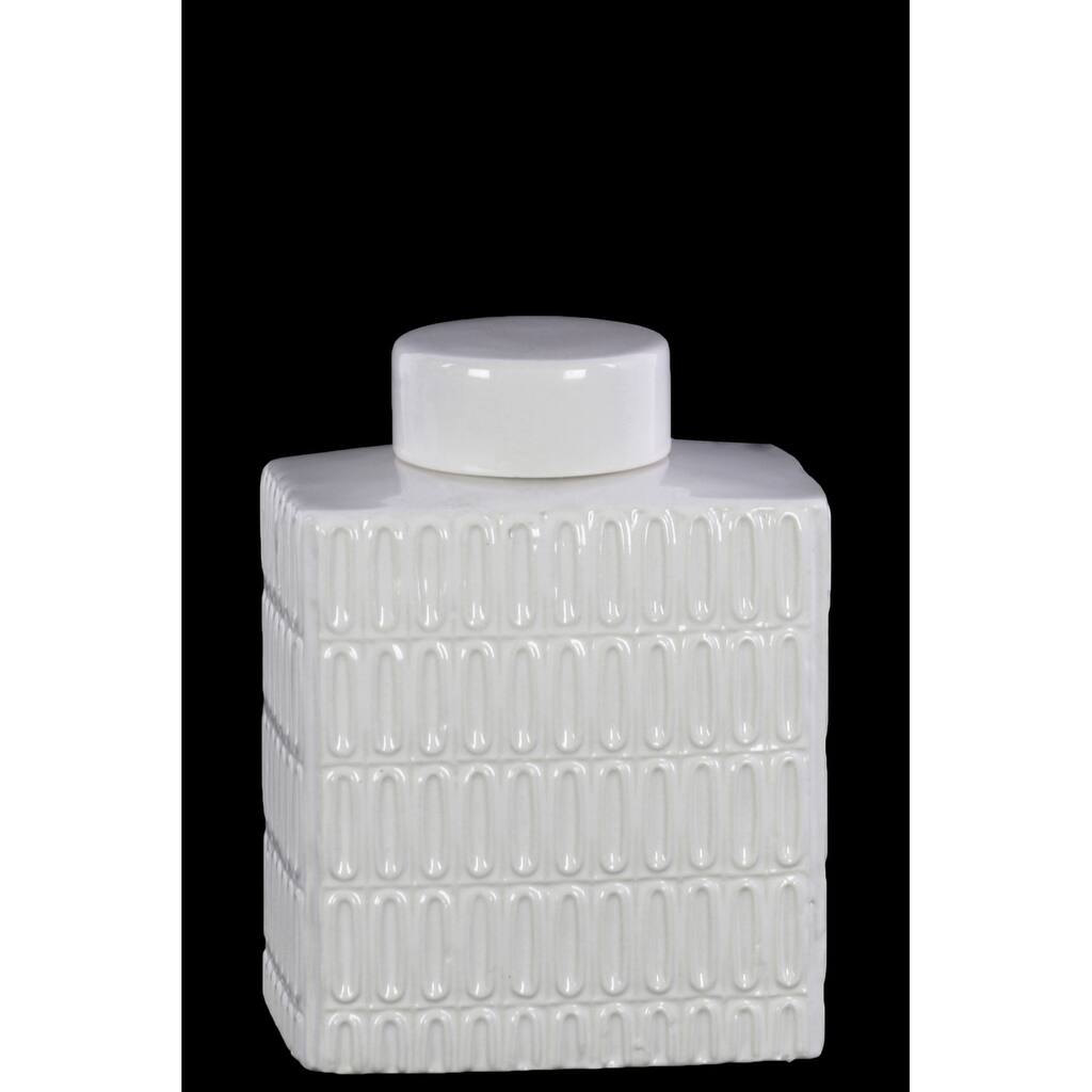 UTC46312: Ceramic Rectangle 104 oz. Jar with Lid and Embossed Oval Patterns Design Body Gloss Finish White