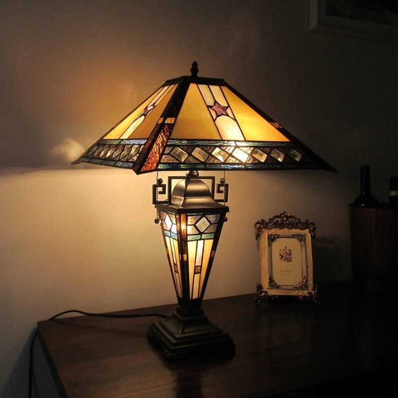 Tristan Collection Tiffany Style 2 + 1-light Blackish Bronze Double Lit Table Lamp