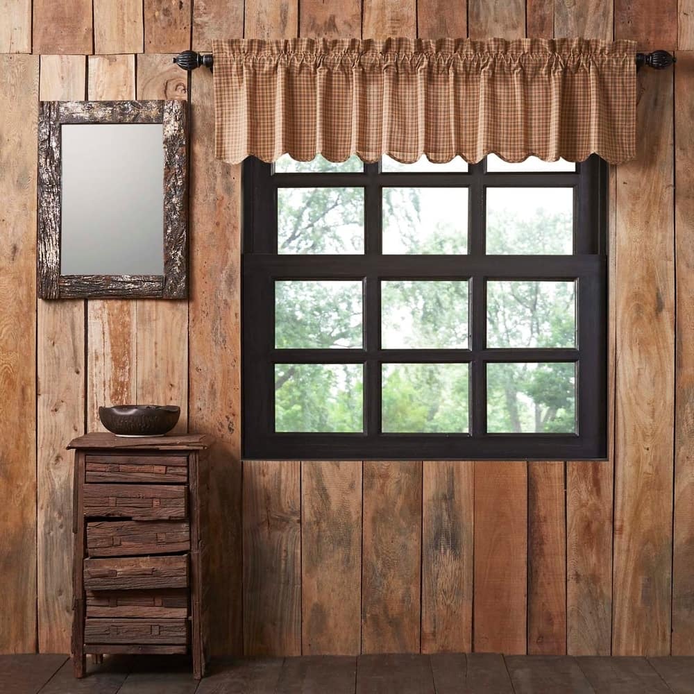 Tan Rustic Kitchen Curtains Valance Rod Pocket Cotton Plaid - 16x72