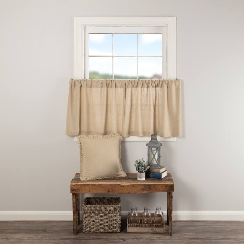 Farmhouse Kitchen Curtains VHC Cotton Burlap Tier Pair Rod Pocket Solid Color - 24x36 - Vintage Tan - Farmhouse - Solid