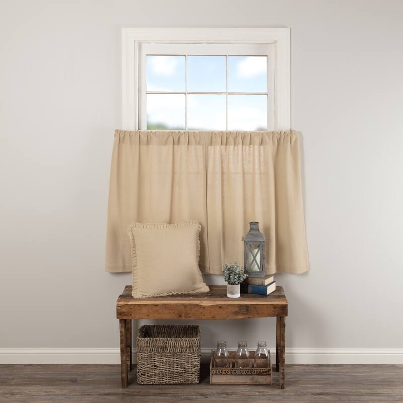 Farmhouse Kitchen Curtains VHC Cotton Burlap Tier Pair Rod Pocket Solid Color - 36x36 - Vintage Tan - Farmhouse - Solid