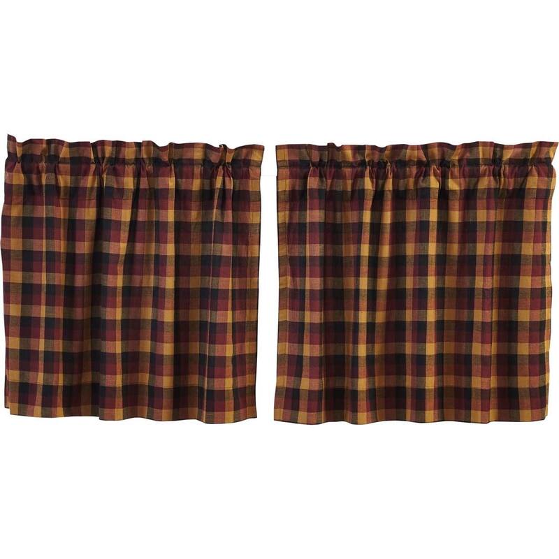 Red Primitive Kitchen Curtains VHC Heritage Farms Tier Pair Rod Pocket Cotton Plaid