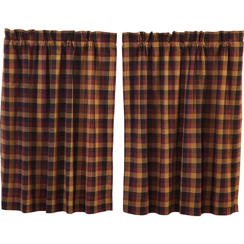 Red Primitive Kitchen Curtains VHC Heritage Farms Tier Pair Rod Pocket Cotton Plaid