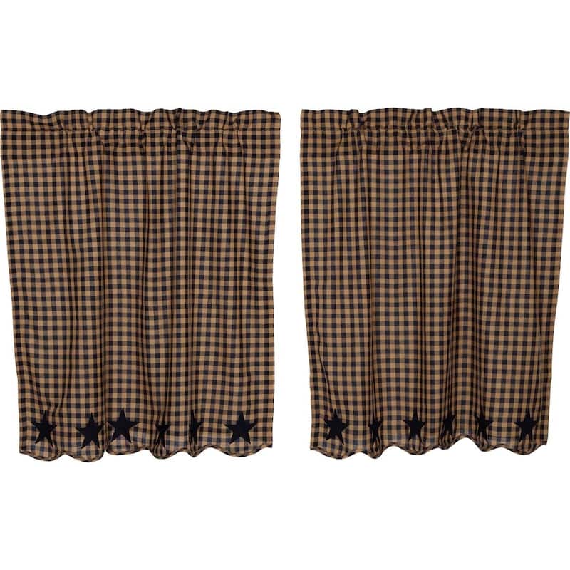 Primitive Kitchen Curtains VHC Star Tier Pair Rod Pocket Cotton Star Appliqued - 36x36 - Navy