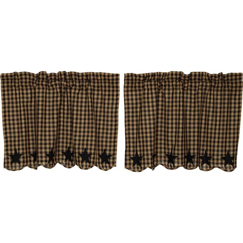 Primitive Kitchen Curtains VHC Star Tier Pair Rod Pocket Cotton Star Appliqued - 24x36 - Khaki