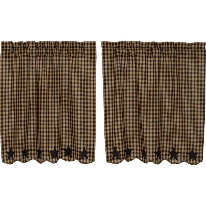 Primitive Kitchen Curtains VHC Star Tier Pair Rod Pocket Cotton Star Appliqued - 36x36 - Khaki