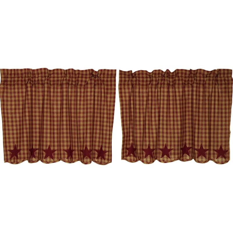 Primitive Kitchen Curtains VHC Star Tier Pair Rod Pocket Cotton Star Appliqued - 24x36 - Dark Tan