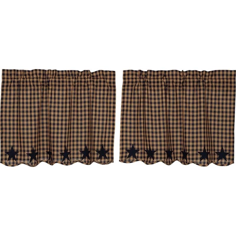 Primitive Kitchen Curtains VHC Star Tier Pair Rod Pocket Cotton Star Appliqued - 24x36 - Navy