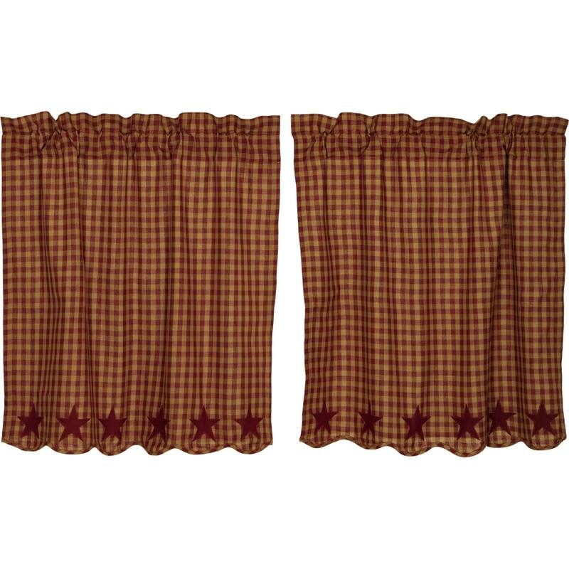 Primitive Kitchen Curtains VHC Star Tier Pair Rod Pocket Cotton Star Appliqued - 36x36 - Dark Tan