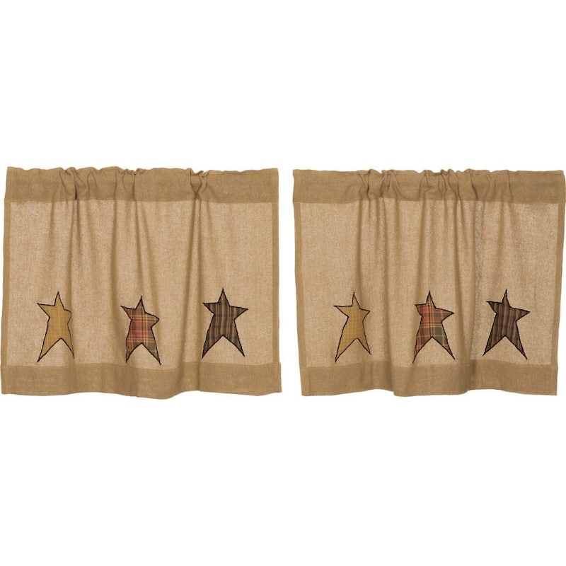 Tan Primitive Kitchen Curtains VHC Stratton Burlap Star Tier Pair Rod Pocket Cotton Star Appliqued Cotton Burlap - 24x36