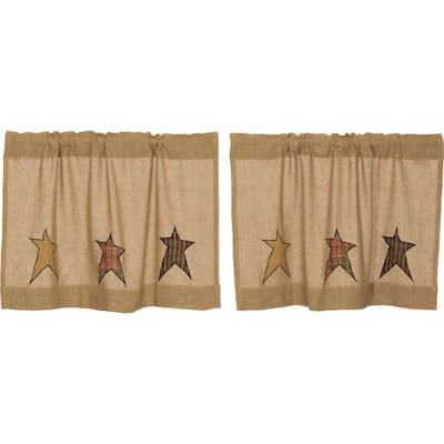 Tan Primitive Kitchen Curtains VHC Stratton Burlap Star Tier Pair Rod Pocket Cotton Star Appliqued Cotton Burlap
