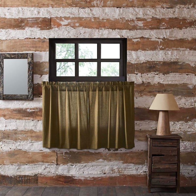 Green Rustic Kitchen Curtains VHC Tea Cabin Green Plaid Tier Pair Rod Pocket Cotton Plaid - 36x36