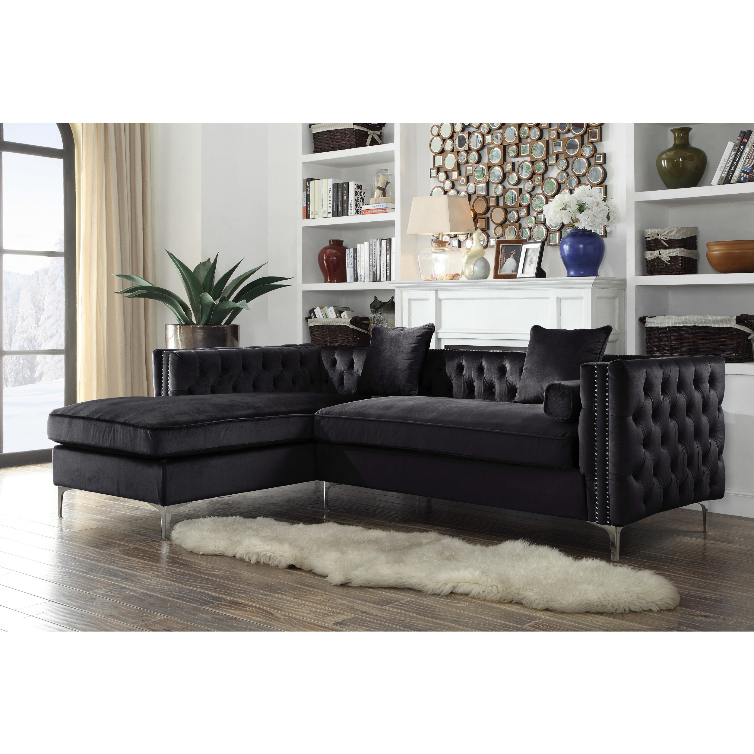 Chic Home Monet Velvet Modern Contemporary Button Tufted With Silver Nailhead Trim Left Facing Sectional Sofa