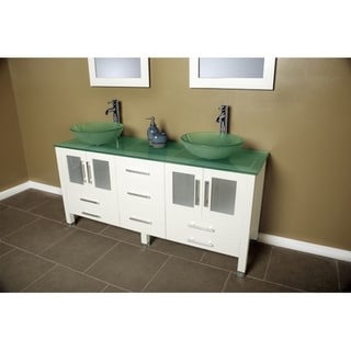 71 inch Solid Wood & Frosted Glass Double Vessel Sink Vanity Set with Polished Chrome Faucets.