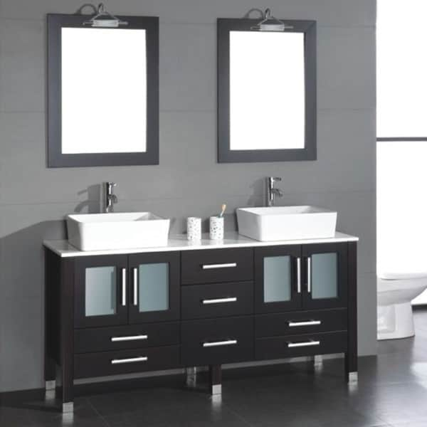 71 Inch Solid Wood Bathroom Vanity Set With A White Porcelain Counter Top And Two Matching White Vessel Sinks Chrome Faucets