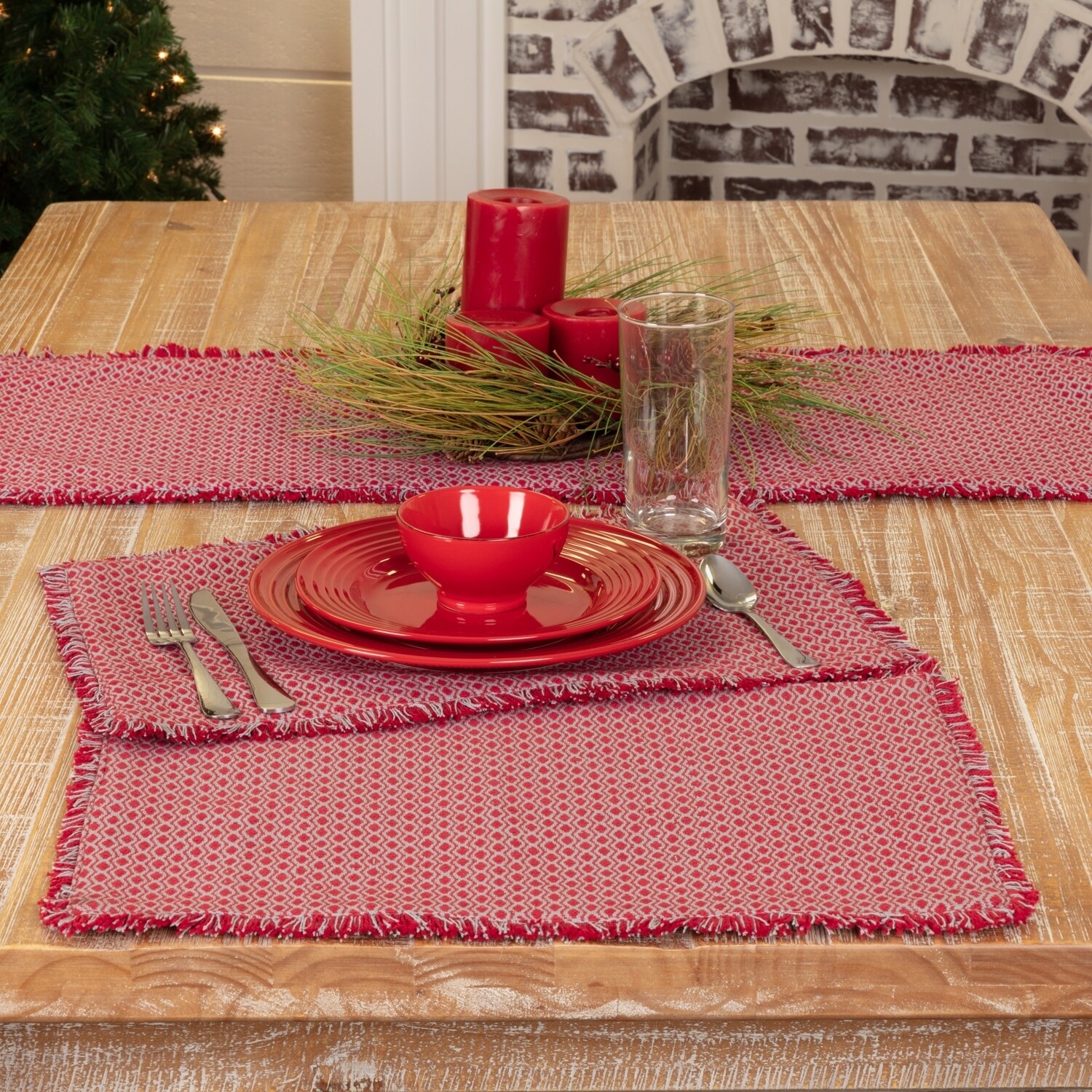 Red Vintage Holiday Decor VHC Tannen Placemat Set of 6 Deep Red, Nickel