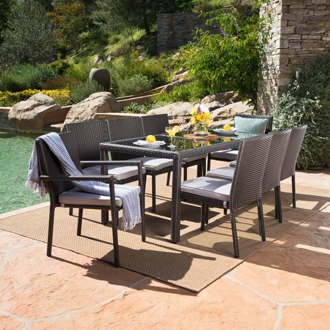 San Pico Outdoor 9-piece Rectangular Wicker Tempered Glass Dining Set with Cushions by Christopher Knight Home