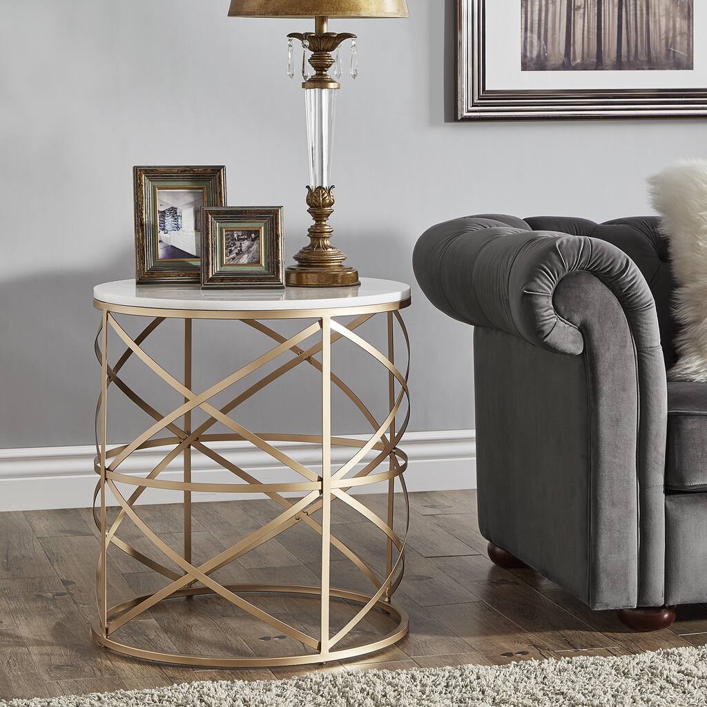 Paisley Round Gold End Table with Marble Top by iNSPIRE Q Bold