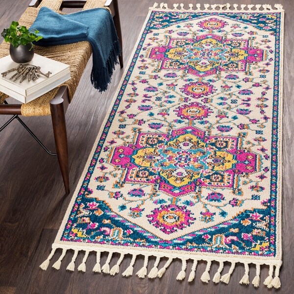 Bohemian White & Pink Medallion Tassel Runner Area Rug - 2'7" x 10' Runner