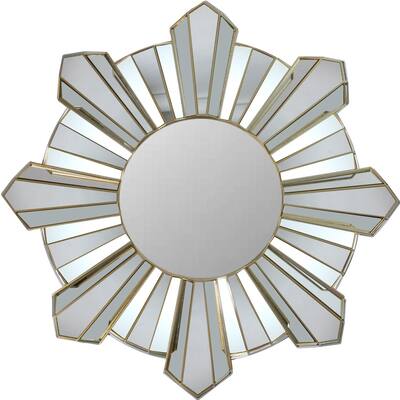 25" Sparkling Sunburst Wave Matte Gold Decorative Round Wall Mirror - A/N