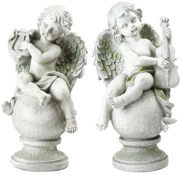 Set of 2 Cherub Angels with Instruments Sitting on Finials Outdoor Garden Statues 14.75"