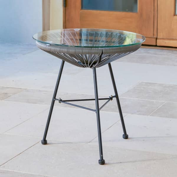 Shop Sarcelles Modern Woven Wicker Patio Side Table With Glass Top By Corvus Overstock 17958315