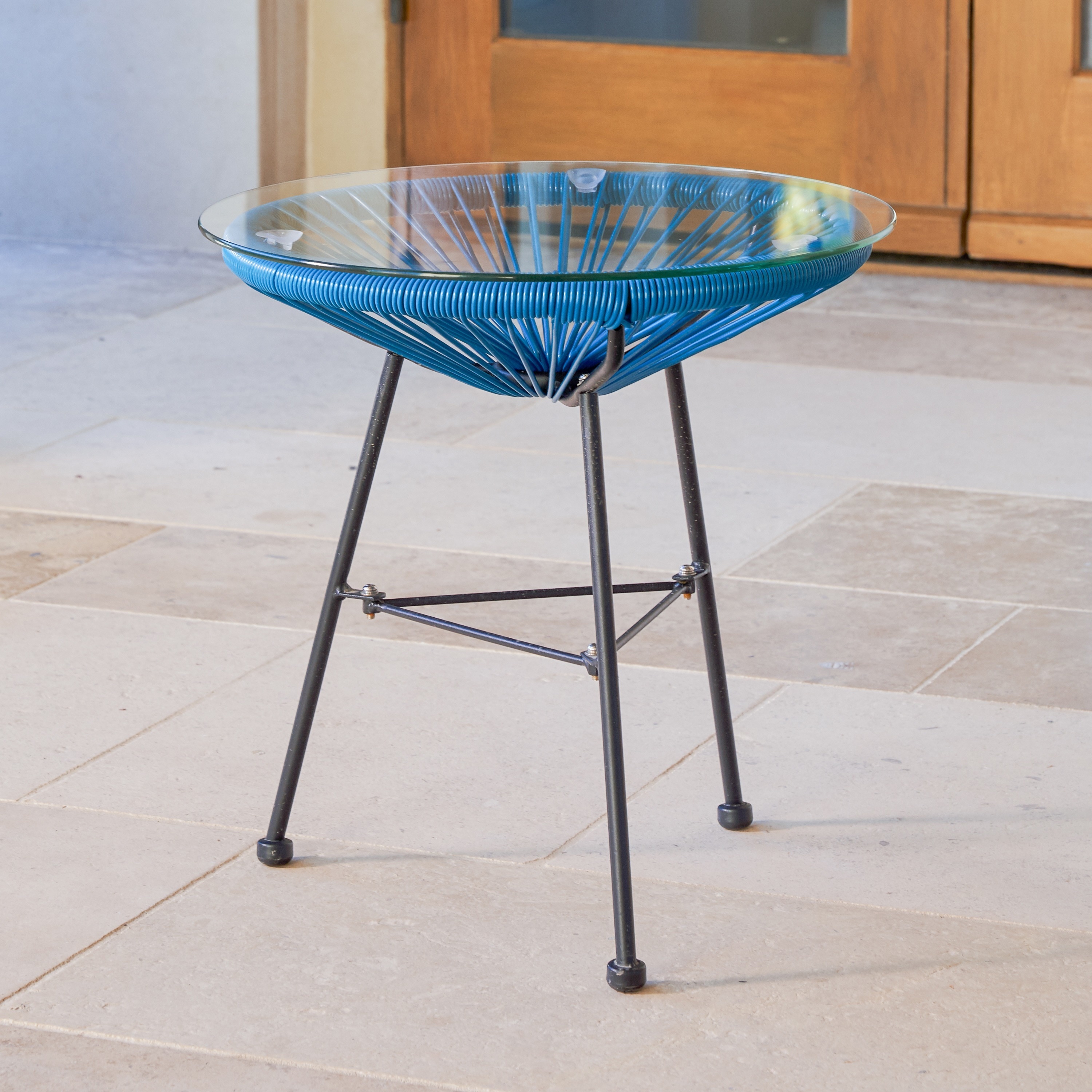 Sarcelles Modern Woven Wicker Patio Side Table with Glass Top by Corvus