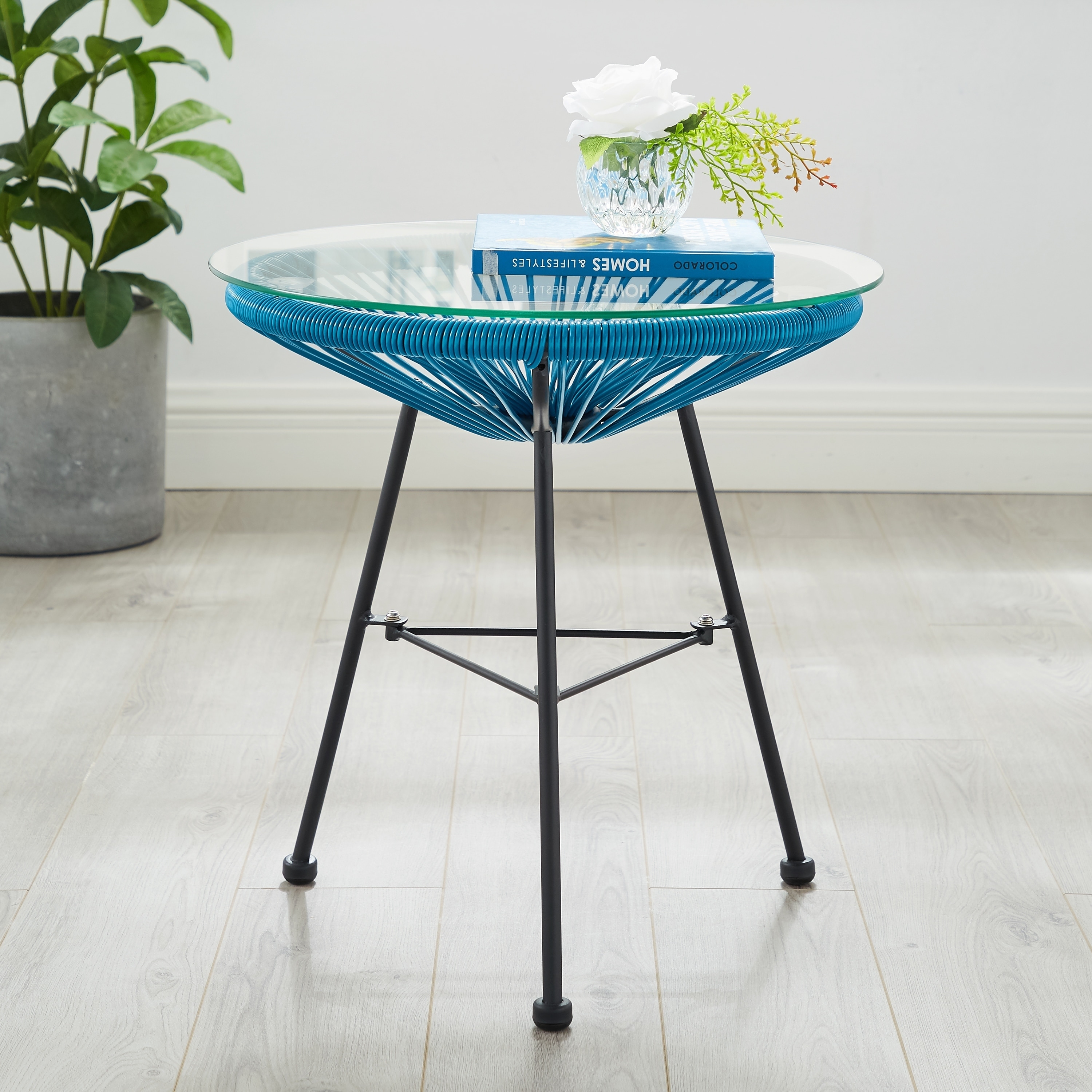 Sarcelles Modern Woven Wicker Patio Side Table With Glass Top By Corvus