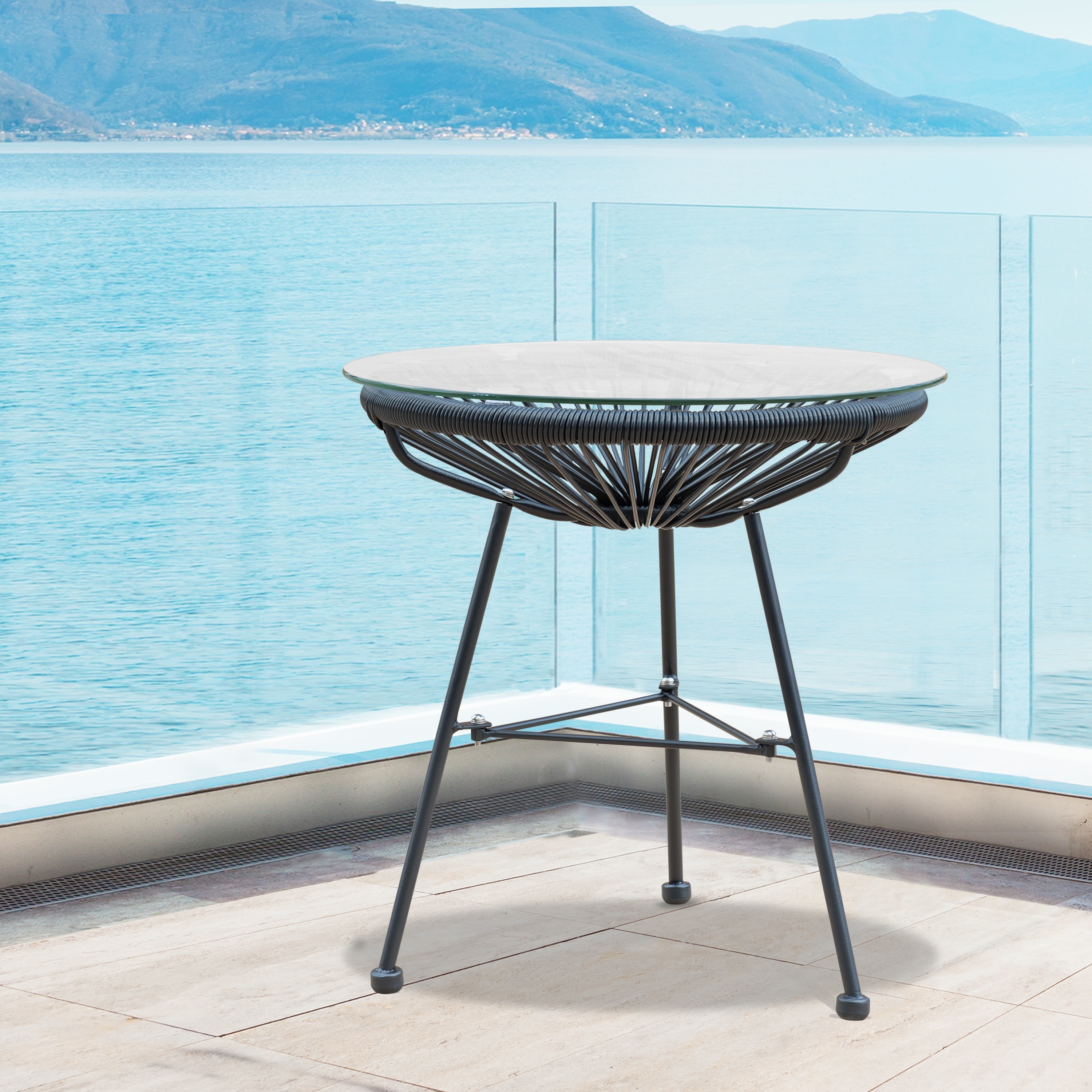 Sarcelles Modern Woven Wicker Patio Side Table with Glass Top by Corvus