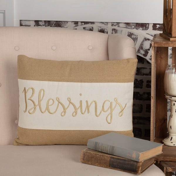 Tan Thanksgiving Holiday Decor VHC Blessings 14x18 Pillow Cotton Text Embroidered Cotton Burlap