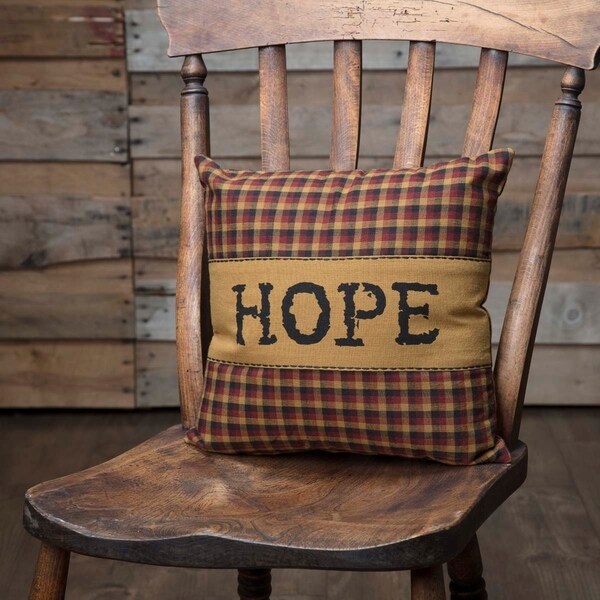 Red Primitive Bedding VHC Heritage Farms Hope 12x12 Pillow Cotton Plaid Appliqued Chambray