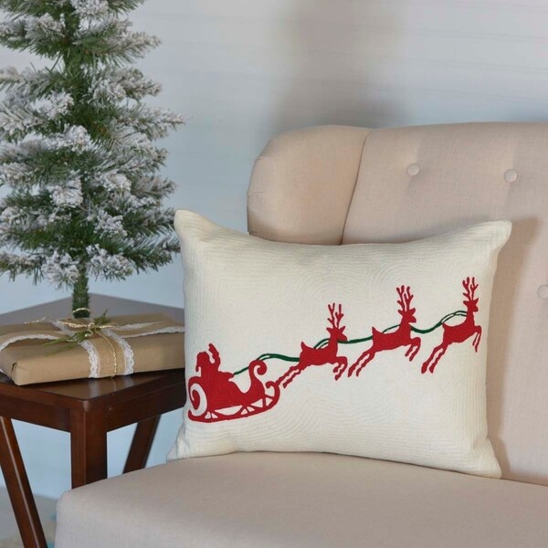 White Farmhouse Holiday Decor VHC Santa Sleigh 14x18 Pillow Cotton Novelty Embroidered Textured