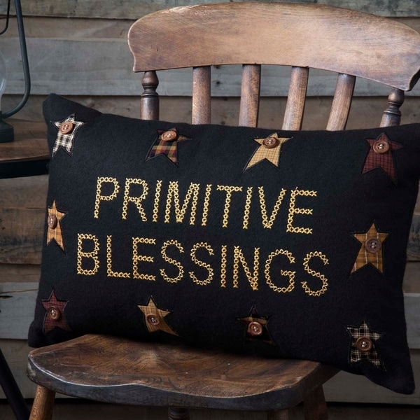 Black Primitive Bedding VHC Heritage Farms Blessings 14x22 Pillow Felt Star Appliqued Buttons