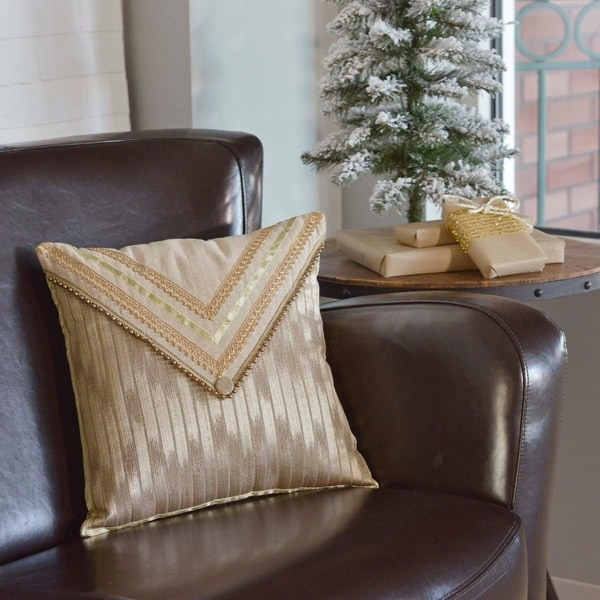 Tan Glam Holiday Decor VHC Celebrate 16x16 Pillow Polyester Modern Appliqued Beaded Trim Chambray