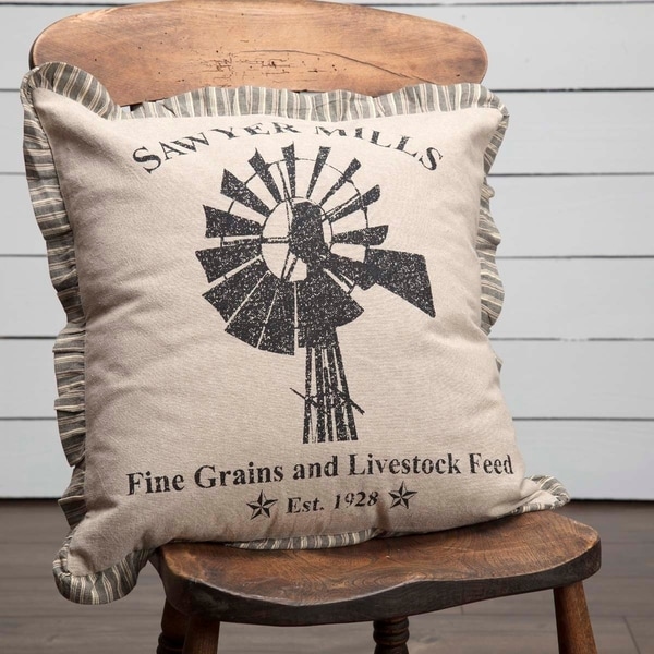Farmhouse Bedding Miller Farm Windmill 18x18 Pillow Cotton Graphic/Print Stenciled Chambray (Pillow Cover, Pillow Insert) Square