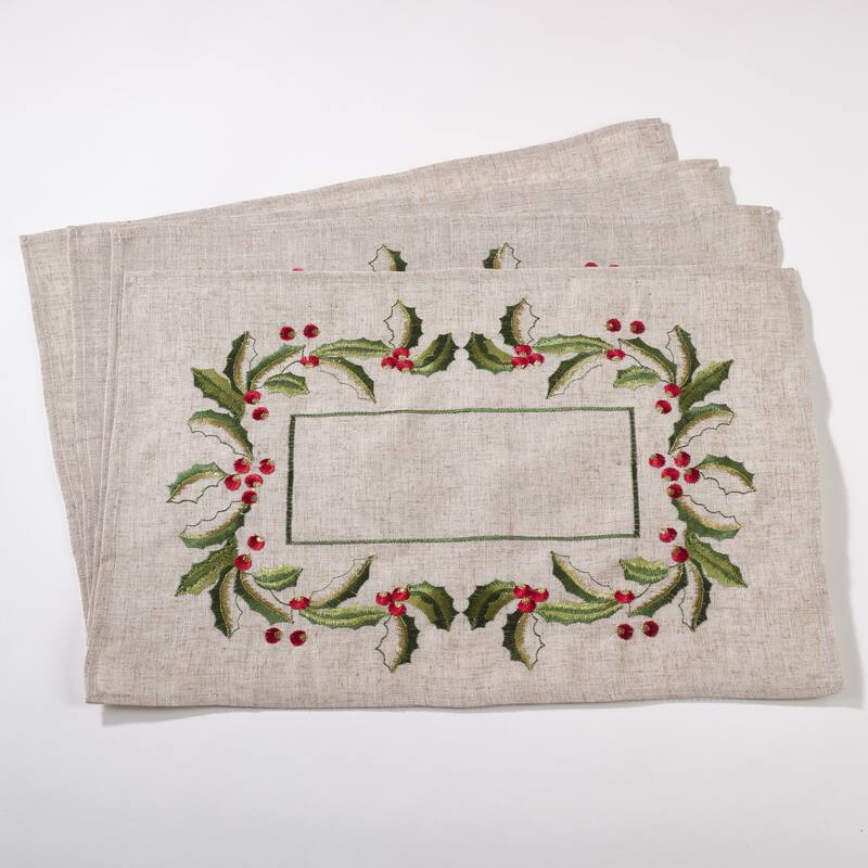 Embroidered Holly Design Linen Blend Placemat Set