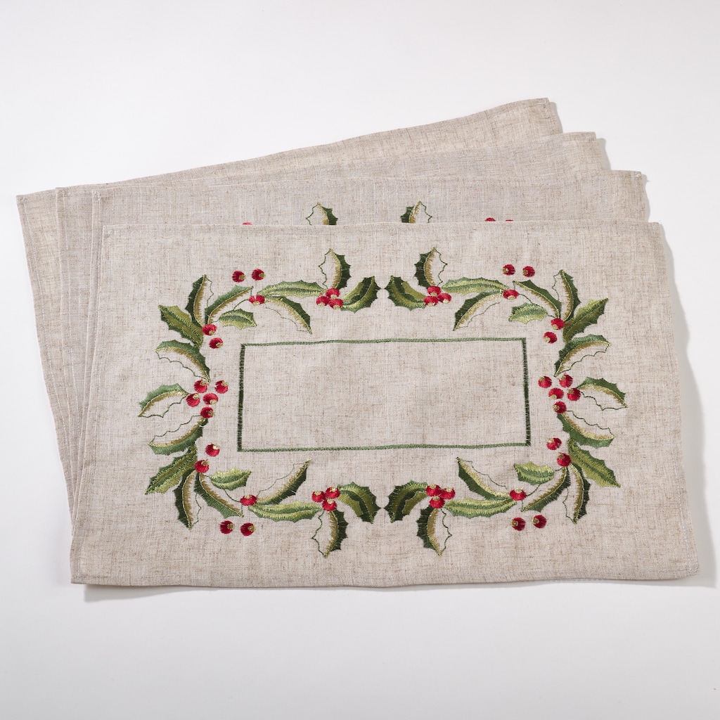 Embroidered Holly Design Linen Blend Placemat Set