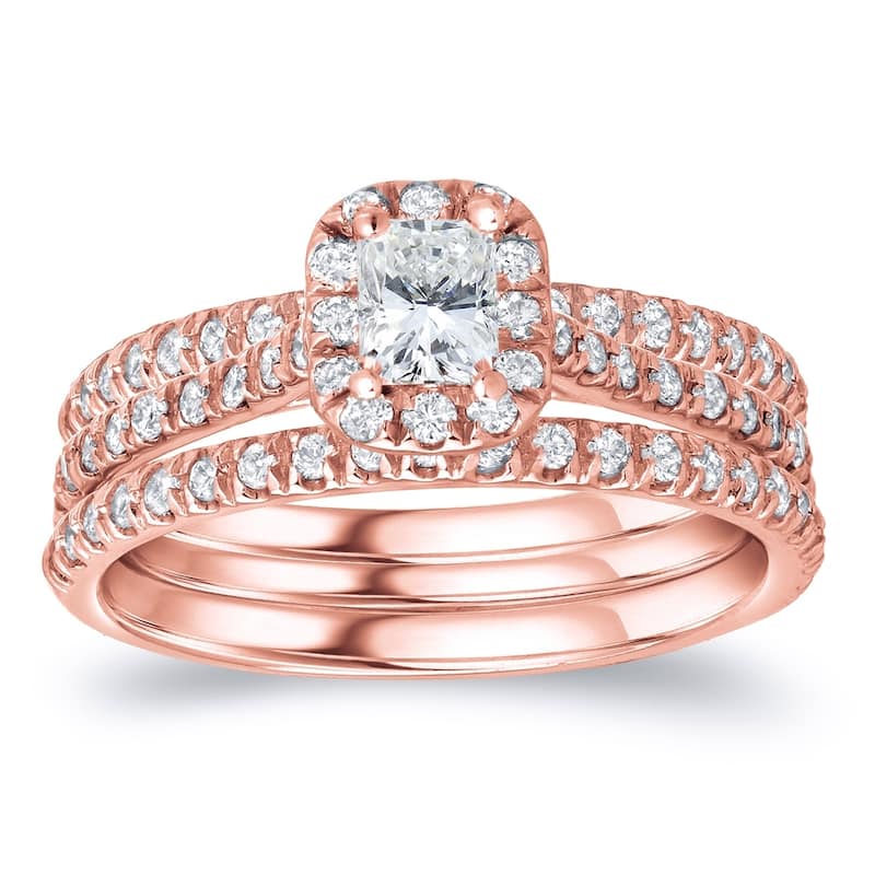 Auriya 14k Gold 1 1/4ctw Radiant-cut Halo Diamond Engagement Ring 3-Piece Bridal Set - 8.5 - Rose