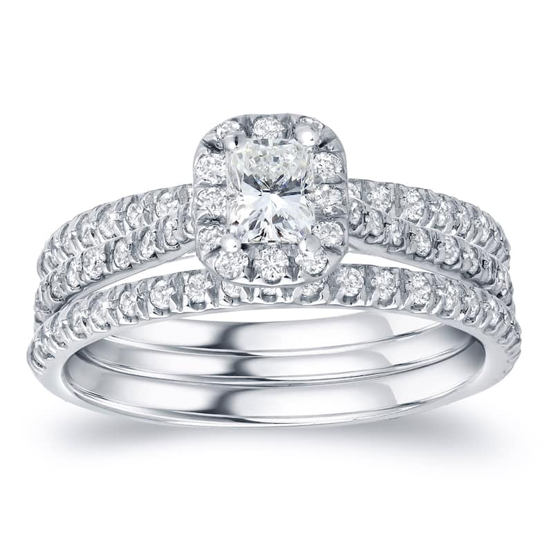 Auriya 14k Gold 1 1/4ctw Radiant-cut Halo Diamond Engagement Ring 3-Piece Bridal Set - 4.5 - White
