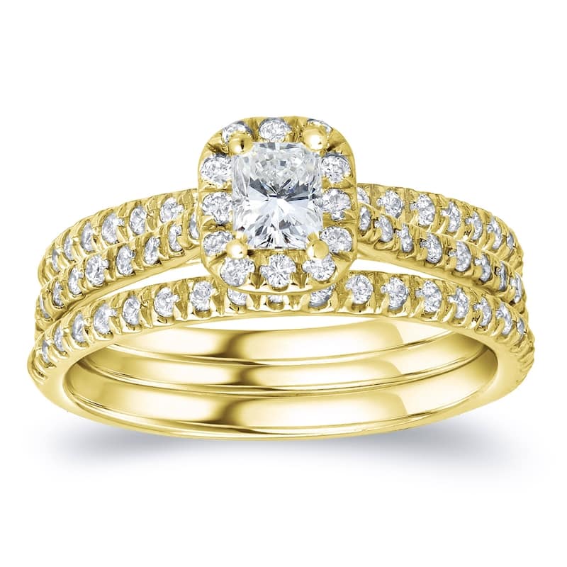 Auriya 14k Gold 1 1/4ctw Radiant-cut Halo Diamond Engagement Ring 3-Piece Bridal Set - 5.5 - Yellow
