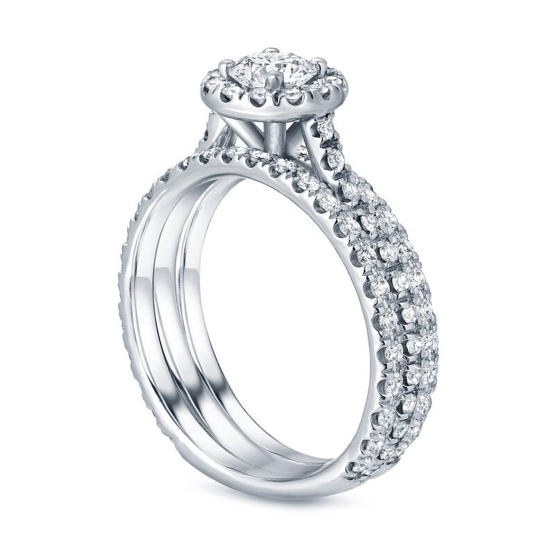 Auriya 14k Gold 1 1/4ctw Round Halo Diamond Engagement Ring 3-piece Bridal Set