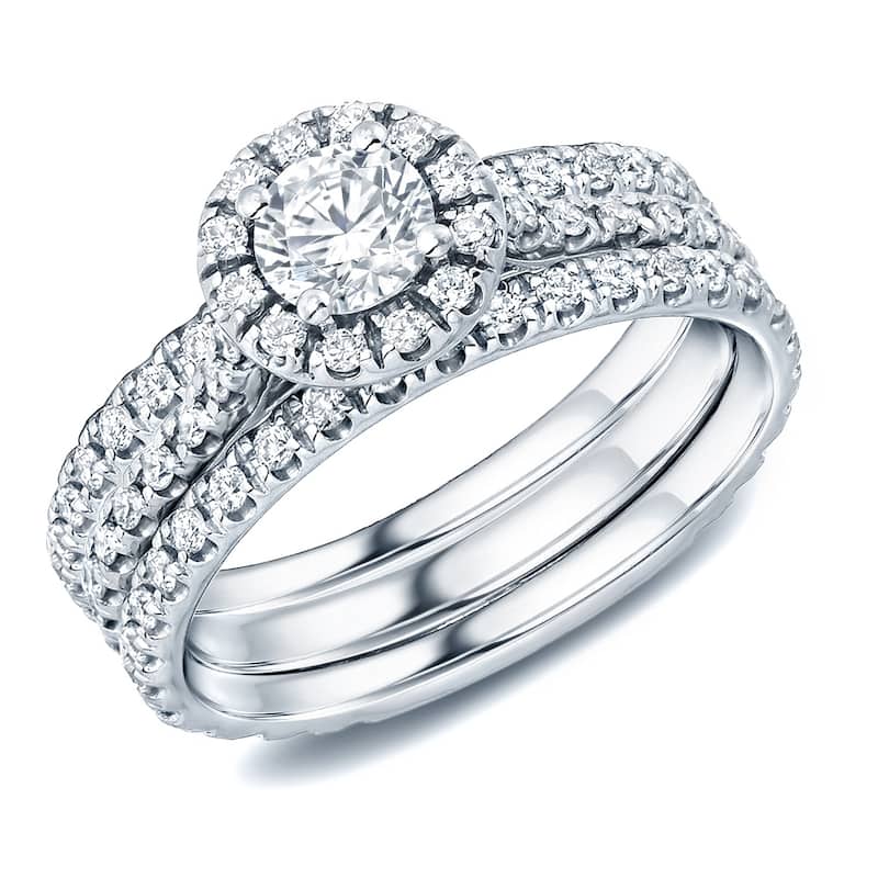 Auriya 14k Gold 1 1/4ctw Round Halo Diamond Engagement Ring 3-piece Bridal Set