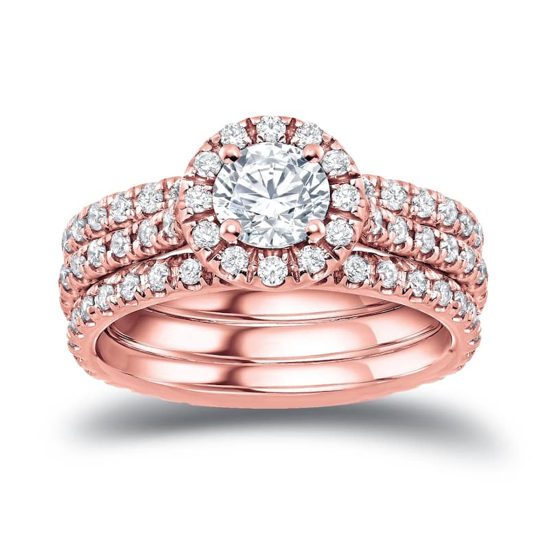 Auriya 14k Gold 1 1/4ctw Round Halo Diamond Engagement Ring 3-piece Bridal Set - 7.5 - Rose