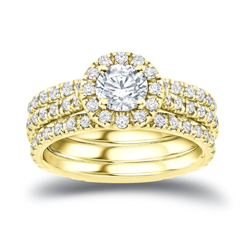 Auriya 14k Gold 1 1/4ctw Round Halo Diamond Engagement Ring 3-piece Bridal Set - 7 - Yellow