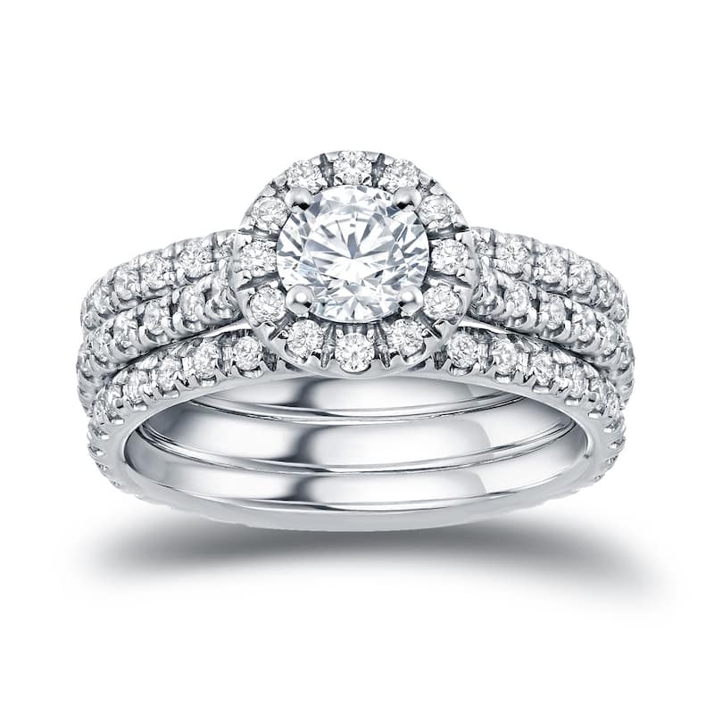 Auriya 14k Gold 1 1/4ctw Round Halo Diamond Engagement Ring 3-piece Bridal Set - 4.5 - White